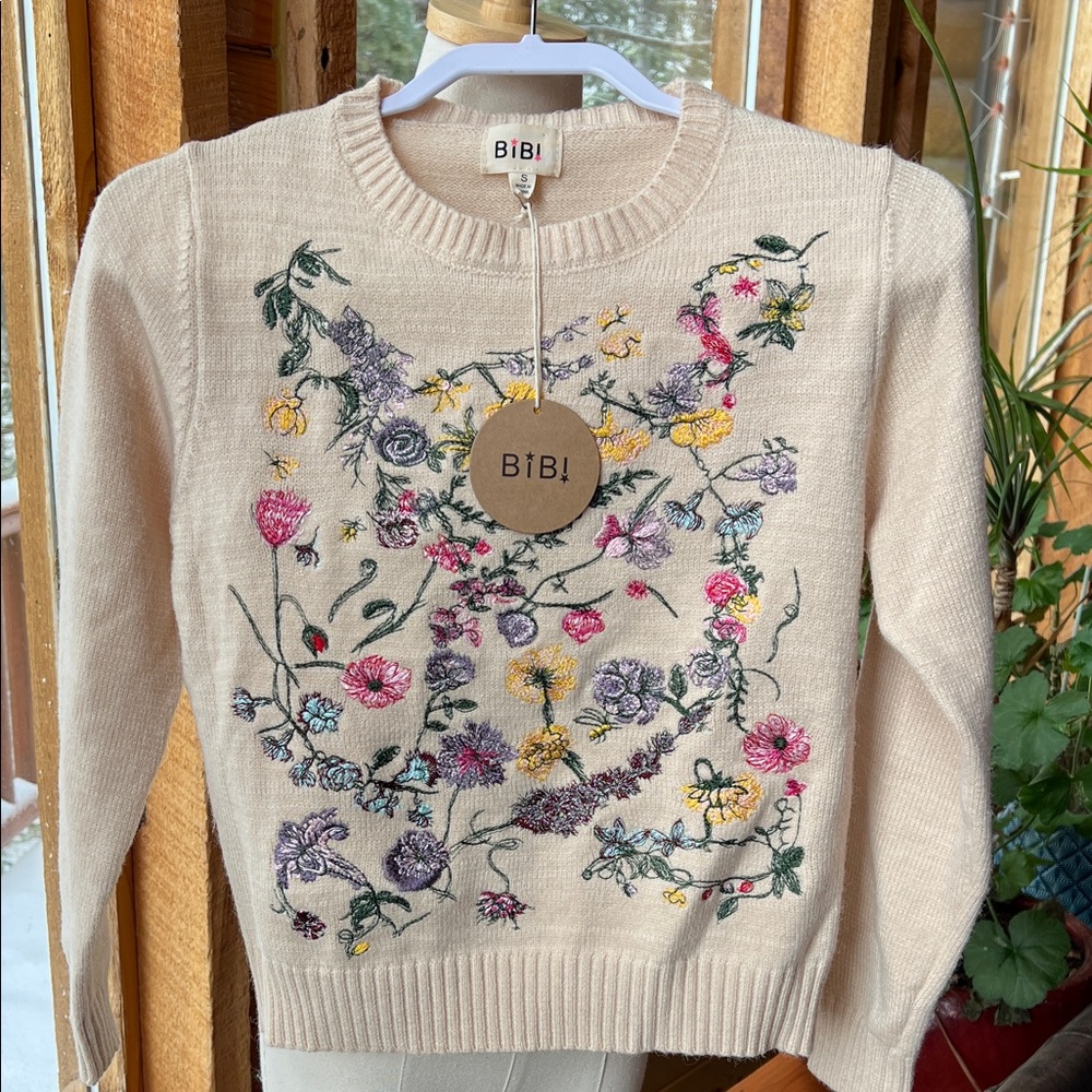 BiBi Cream Sweater with Colorful Floral Embroidery